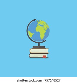 Pile of book and globe in flat style. Education concept. Back to school illustration with many closed books and globe