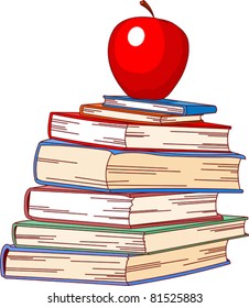 Pile book and red apple illustration, isolated on white background