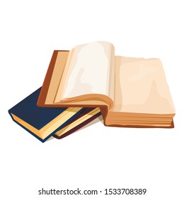 Pile of books 3D color vector illustration. Hardcover textbooks isolated on white. Open paper publication with blank pages design element. Literature, knowledge and education concept