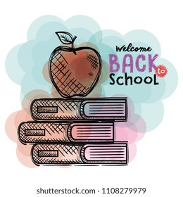 pile books and apple back to school drawings