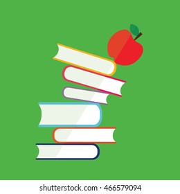 Pile of books and apple falling illustration isolated in a light green background