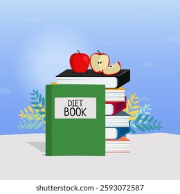 Pile of books and apples on top. Diet book concept illustration