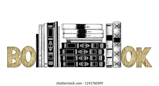 A pile of books with a book holder. Vector drawing in vintage style. Isolated objects on white background. A hand-drawn sketch.