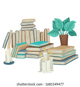 Pile of books and burning candles with flower pot. Antique books. Writers workplace. Student library. Isolated on white background. Flat vector cartoon illustration.