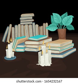 Pile of books and burning candles on brown table with flower pot. Old books. Writers workplace. Student library. Vector illustration concept