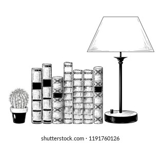 
A pile of books, a cactus in a flowerpot and a lamp .
 Vector drawing in vintage style. Isolated objects on white background.  A hand-drawn sketch.