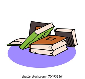 Pile of books cartoon hand drawn image. Original colorful artwork, comic childish style drawing.
