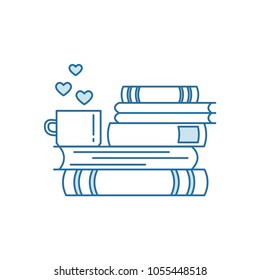 Pile of books and coffee or tea cup with heart symbols. I love reading concept for libraries, book stores, festivals, fairs and schools. Line icon. Vector illustration isolated on white.
