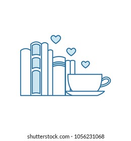 Pile of books and coffee or tea cup with heart symbols. I love reading concept for libraries, book stores, festivals, fairs and schools. Line icon. Vector illustration isolated on white.