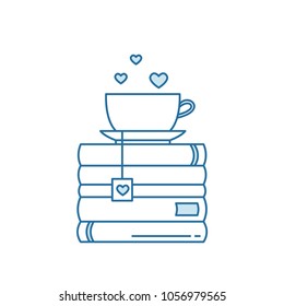 Pile of books and coffee or tea cup with heart symbols. I love reading concept for libraries, book stores, festivals, fairs and schools. Line icon. Vector illustration isolated on white.
