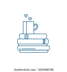 Pile of books and coffee or tea cup with heart symbols. I love reading concept for libraries, book stores, festivals, fairs and schools. Line icon. Vector illustration isolated on white.