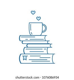 Pile of books and coffee or tea cup with heart symbols. I love reading concept for libraries, book stores, festivals, fairs and schools. Line icon. Vector illustration isolated on white.