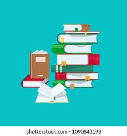 Pile of books with colorful covers and bookmarks isolated on blue background. Stack of hardcover textbooks or literature works. University education, reading, studying. Cartoon vector illustration