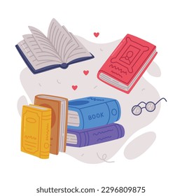 Pile of books with colorful covers and glasses. Science, hobby, education concept cartoon vector illustration