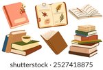 Pile of books, cup of tea cartoon set. Opened and closed books for reading, herbarium. Education, knowledge, study concept. Cozy autumnal reading. Flat vector illustration isolated