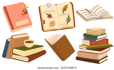 Pilha de livros, xícara de chá de desenho animado. Livros abertos e fechados para leitura, herbário. Educação, conhecimento, conceito de estudo. Leitura de outono aconchegante. Ilustração de vetor plano isolada