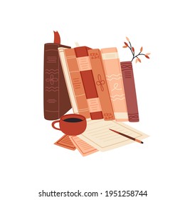 Pile of books with cup of tea or coffee, stack of paper and pen flat cartoon illustration. Library, bookstore banner design. Education aesthetic, elegant study background