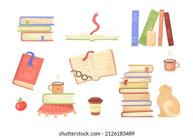 Pile Of Books, Cup Of Tea And Cute Cat Cartoon Illustration Set. Opened And Closed Philosophy, History Textbooks For Learning New Information. Education, Knowledge, Study Concept