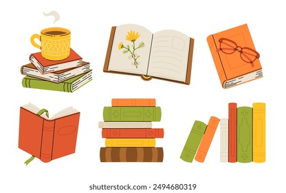 Pile of books, cup of tea and glasses cartoon illustration set. Opened and closed books for reading. herbarium . Education, knowledge, study concept, Cozy autumnal reading