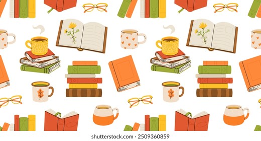 Pile of books, cup of tea and glasses cartoon illustration seamless pattern. Opened and closed books for reading. herbarium . Education, knowledge, study concept, Cozy autumnal reading