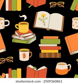 Pila de libros, taza de té y vasos ilustración de dibujos animados sin patrón. Libros abiertos y cerrados para lectura. herbario . Educación, conocimiento, concepto de estudio, lectura otoñal acogedora