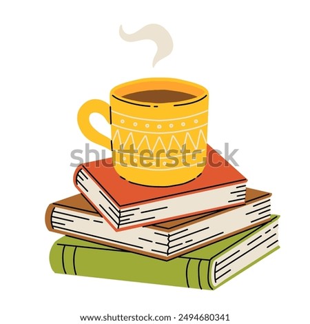 Pile of books, cup of tea and glasses cartoon illustration set. Opened and closed books for reading. herbarium . Education, knowledge, study concept, Cozy autumnal reading