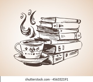 Pile books and cup tea  Isolated white background