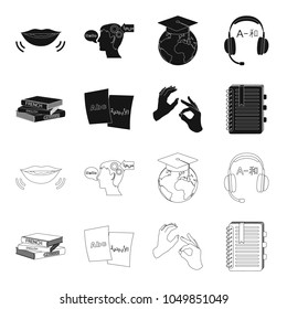 A pile of books in different languages, sheets of paper with translation, a gesture of deaf mutes, a notebook with text. Interpreter and translator set collection icons in black,outline style vector