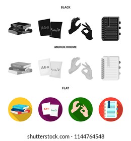 A pile of books in different languages, sheets of paper with translation, a gesture of deaf mutes, a notebook with text. Interpreter and translator set collection icons in black, flat, monochrome