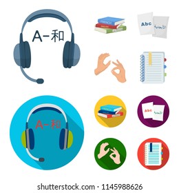 A pile of books in different languages, sheets of paper with translation, a gesture of deaf mutes, a notebook with text. Interpreter and translator set collection icons in cartoon,flat style vector