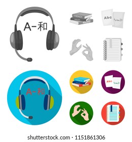 A pile of books in different languages, sheets of paper with translation, a gesture of deaf mutes, a notebook with text. Interpreter and translator set collection icons in monochrome,flat style vector