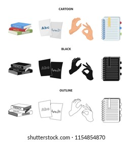 A pile of books in different languages, sheets of paper with translation, a gesture of deaf mutes, a notebook with text. Interpreter and translator set collection icons in cartoon,black,outline style