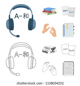 A pile of books in different languages, sheets of paper with translation, a gesture of deaf mutes, a notebook with text. Interpreter and translator set collection icons in cartoon,outline style vector