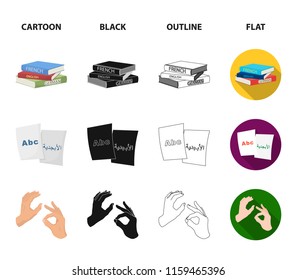 A pile of books in different languages, sheets of paper with translation, a gesture of deaf mutes, a notebook with text. Interpreter and translator set collection icons in cartoon,black,outline,flat