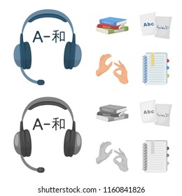 A pile of books in different languages, sheets of paper with translation, a gesture of deaf mutes, a notebook with text. Interpreter and translator set collection icons in cartoon,monochrome style