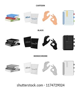 A pile of books in different languages, sheets of paper with translation, a gesture of deaf mutes, a notebook with text. Interpreter and translator set collection icons in cartoon,black,monochrome