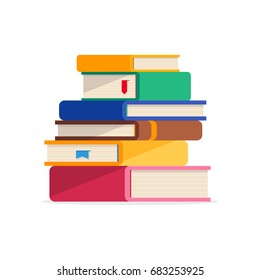 Pile of books in a flat style, isolated on a white background. Stack of books with bookmarks. Concept of learning. Vector illustration.