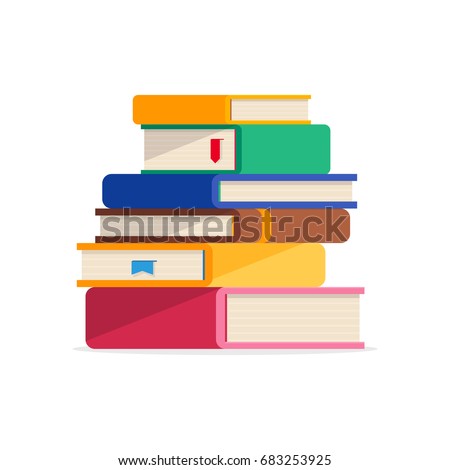 Pile of books in a flat style, isolated on a white background. Stack of books with bookmarks. Concept of learning. Vector illustration.