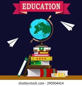 Pile of books, globe and paper planes. vector