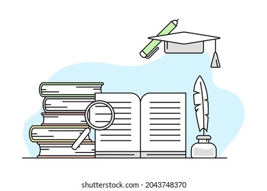 Pile of Books and Graduation Hat as Science and Study Vector Line Illustration