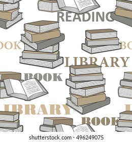 Pile of books hand drawn seamless pattern. Big collection of books icons, sketch objects. Doodle illustration library. Colorful background with book icon vector. Good for printing for interior 