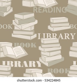 Pile of books hand drawn seamless pattern. Big collection of books icons. Colorful background with book icon and text. Decorative wallpaper, good for printing for interior 
