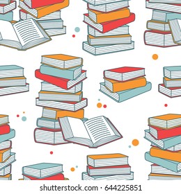 Pile of books hand drawn seamless pattern. Big collection of books icons. Colorful background with book icon vector. Decorative wallpaper, good for printing for bookstore. Backdrop design