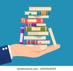 Pile of books in hand. Reading education, e-book, literature, encyclopedia. Vector illustration in flat style