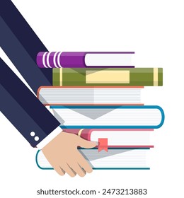 Pile of books in hand. Reading education, e-book, literature, encyclopedia. Vector illustration in flat style