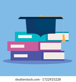 pile books with hat graduation vector illustration design