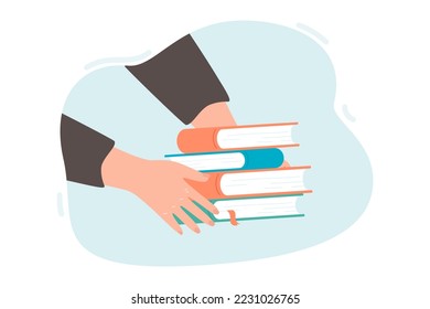 Pila de libros en la mano humana ilustración vectorial plana. Pila de libros de texto en manos de estudiantes o alumnos. Leer, educación, alfabetización, estudiar el concepto de banner, diseño de sitios web o página web de inicio