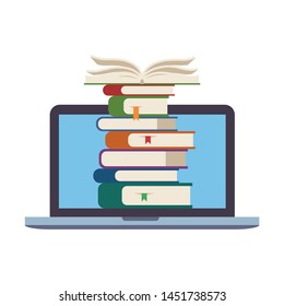 Pile of books inside laptop screen. Symbol of e-learning, online education, digital library of courses, distance study at school or university. Flat vector illustration isolated on white background.