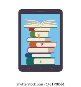 Pile of books inside tablet device screen. Symbol of e-learning, online education, portable digital library of courses in mobile phone, distance study at university mobile app. Flat vector concept.