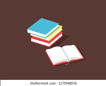 Pile of books isolated. Open science textbook, encyclopedia and dictionary icons. Dictionary and literature textbook for school illustration. Vector flat illustration.